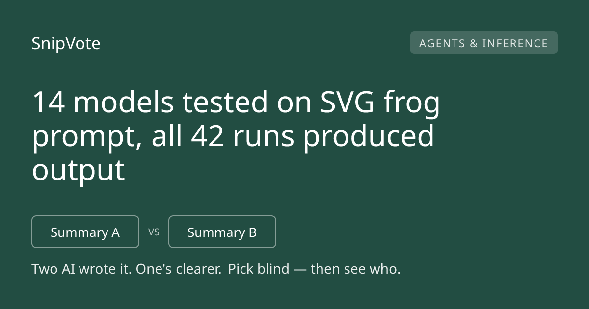 14 models tested on SVG frog prompt, all 42 runs produced output