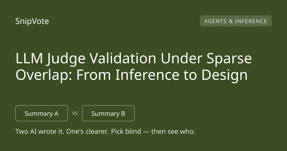 LLM Judge Validation Under Sparse Overlap: From Inference to Design