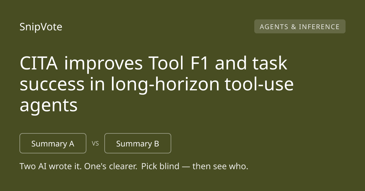 CITA improves Tool F1 and task success in long-horizon tool-use agents